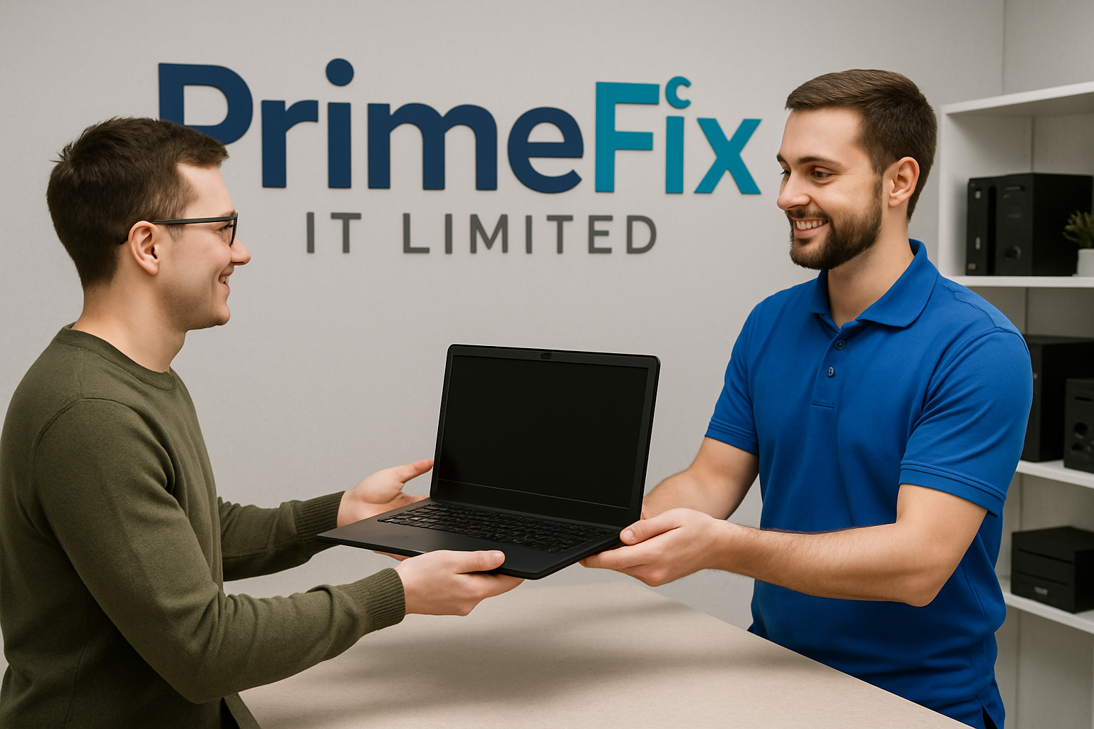 Customer receiving repaired laptop at PrimeFix IT Limited