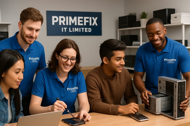 PrimeFix IT Limited team assisting customers with tech repairs
