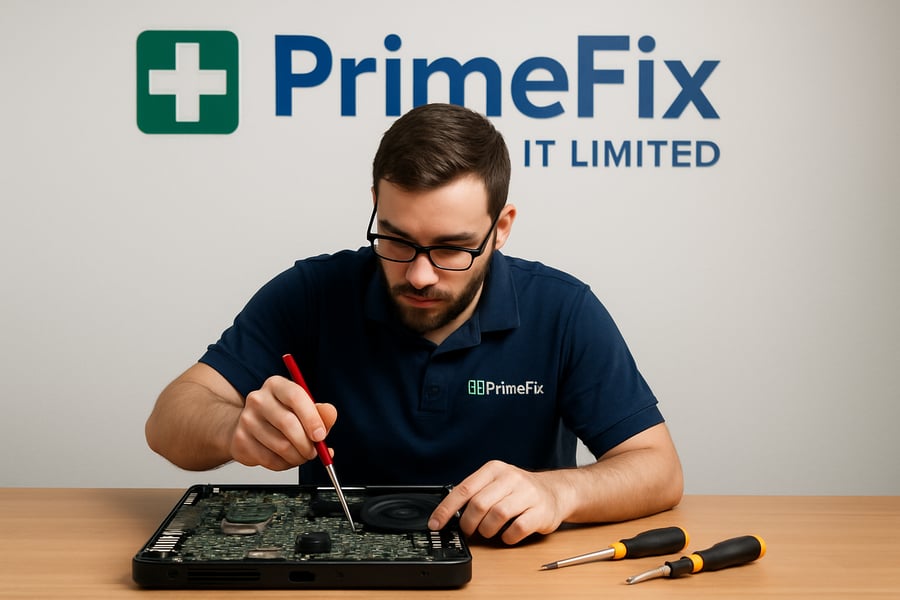 Technician repairing electronic device at PrimeFix IT Limited